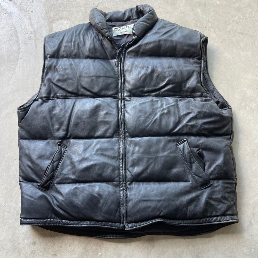 Vintage Schott NYC Black Leather Down Puffer Vest Made in USA Mens 4X